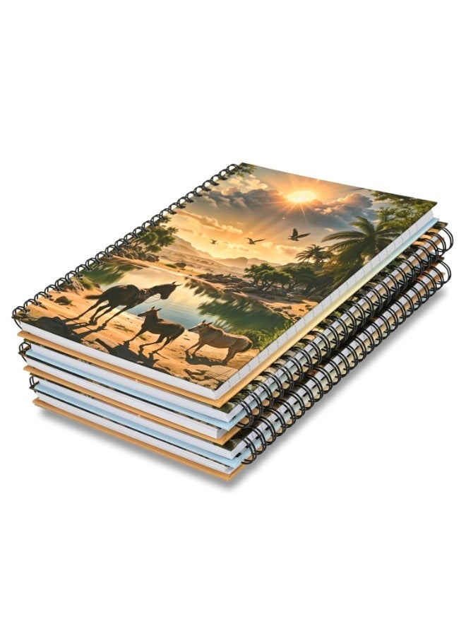 FIS® Double Loop Spiral Hard Cover Notebook, A5 Size(148x210mm), 96 Sheets, Single Line Ruling, White Paper, Packet of 5 Pieces, Sun Rise View in Safari Cover Design 1-FSNBSHCA596D1 - Image 1